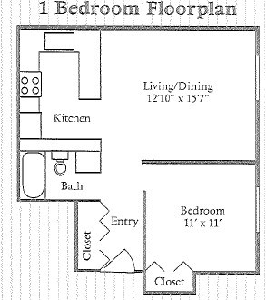 Floor plan for 1 bed, 1 bath, 634 sqft
